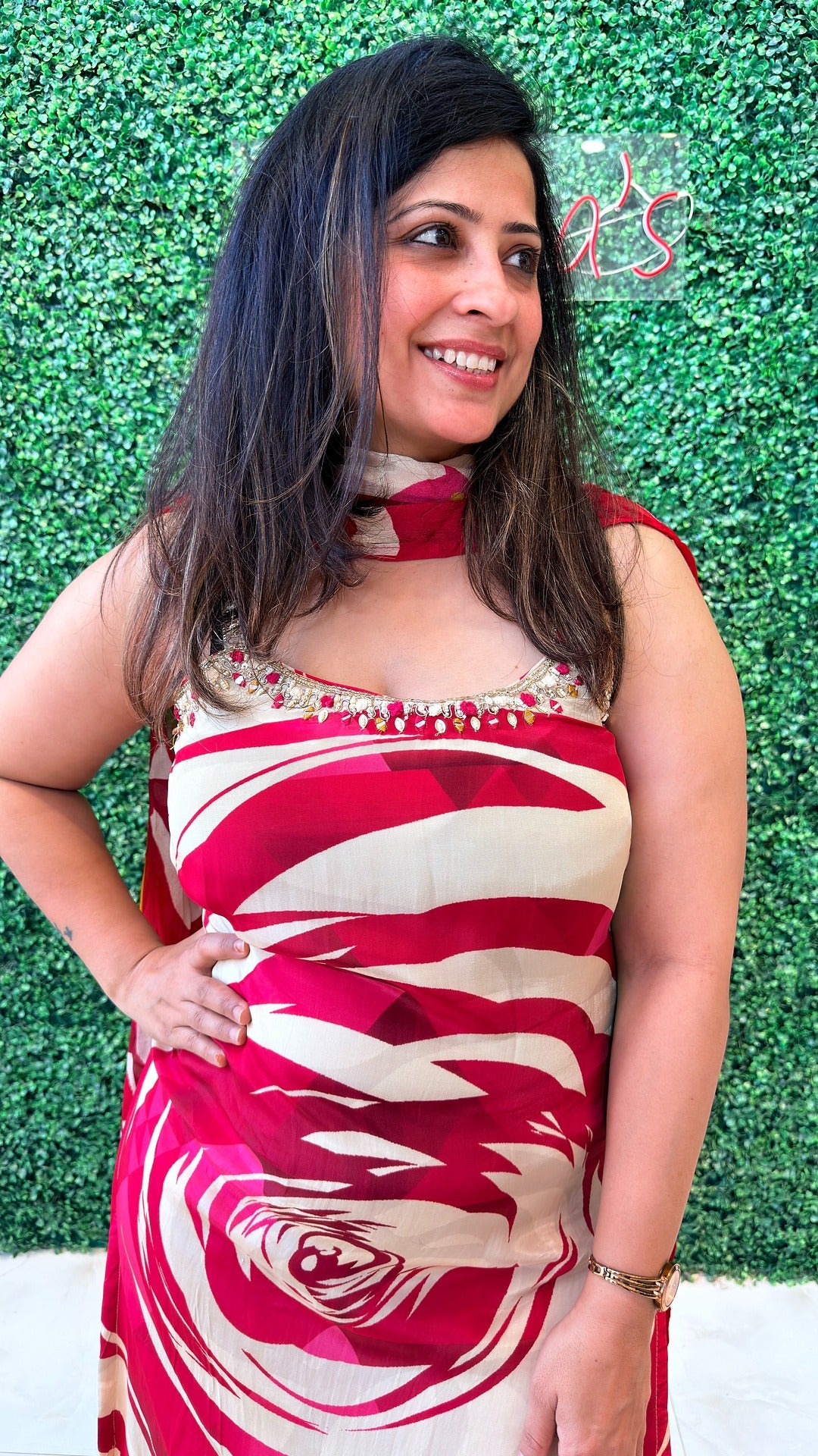 Crimson Bloom Stitched Crape Suit Set