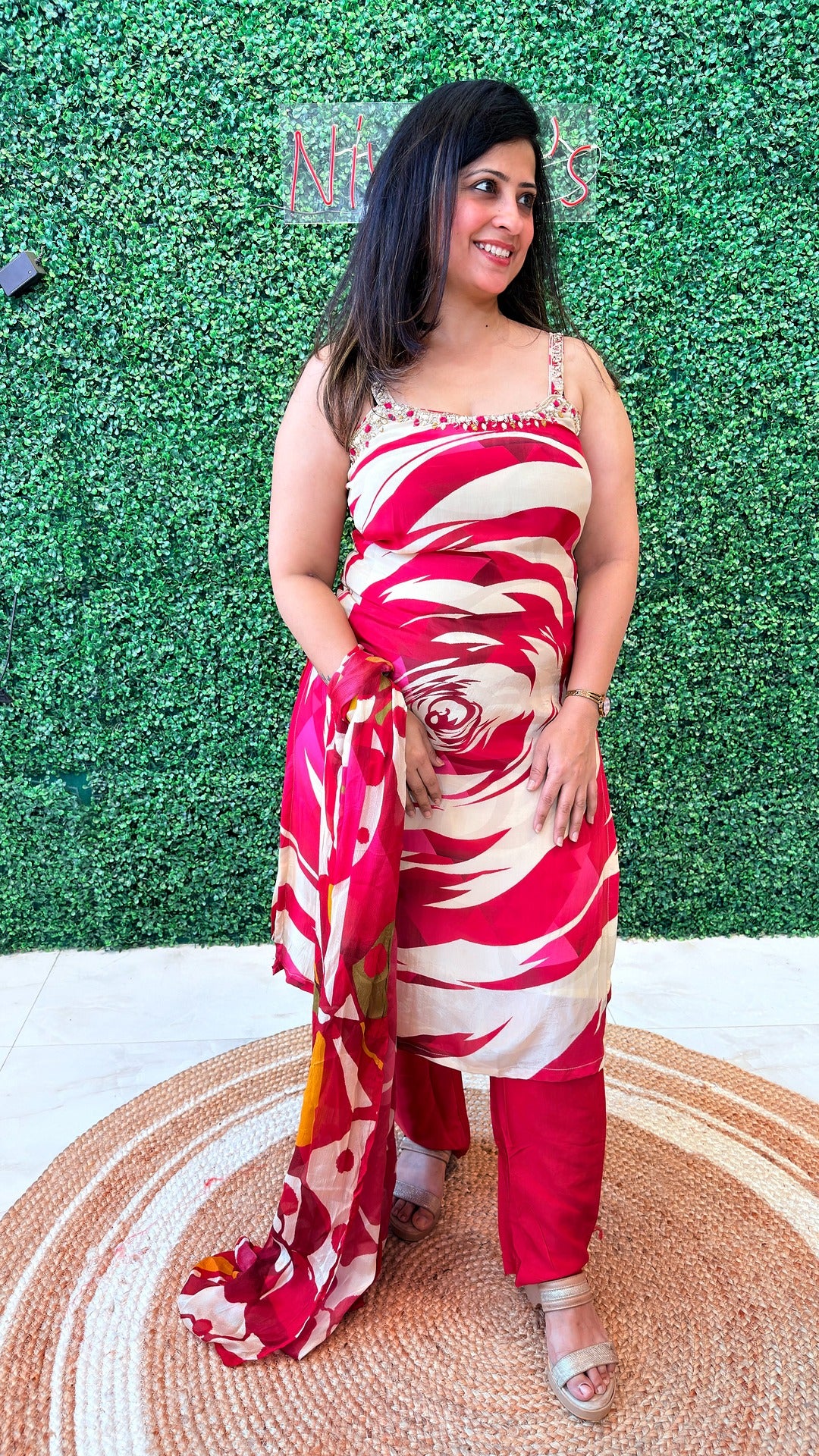 Crimson Bloom Stitched Crape Suit Set