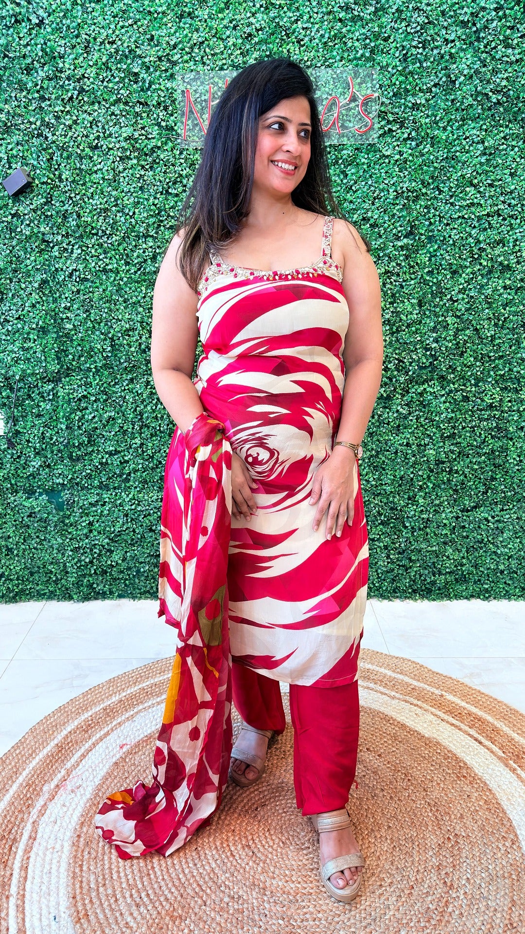 Crimson Bloom Stitched Crape Suit Set