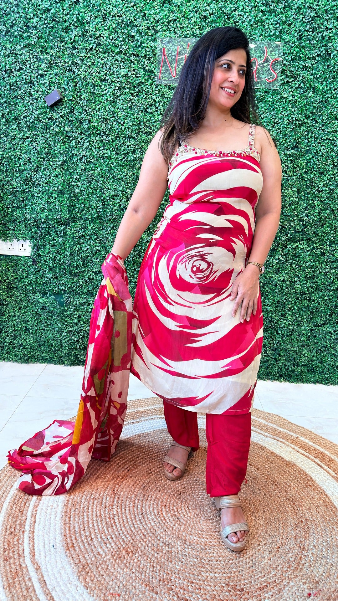 Crimson Bloom Stitched Crape Suit Set