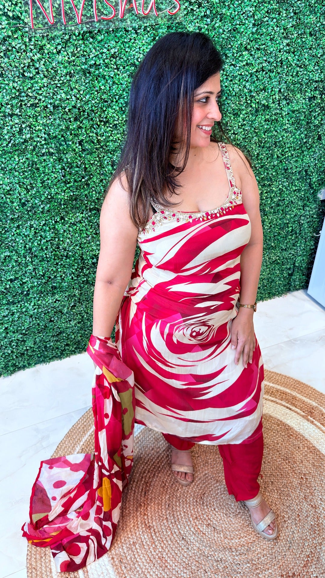 Crimson Bloom Stitched Crape Suit Set