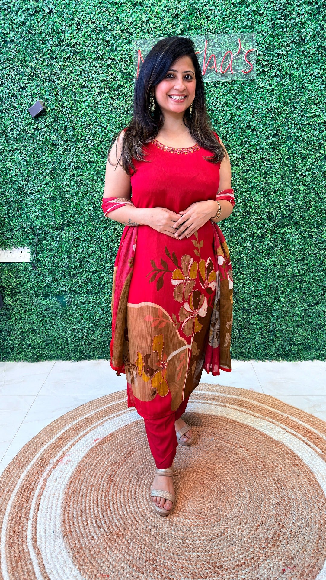 Ruby Meadow Mirror-Work Crape Suit Set