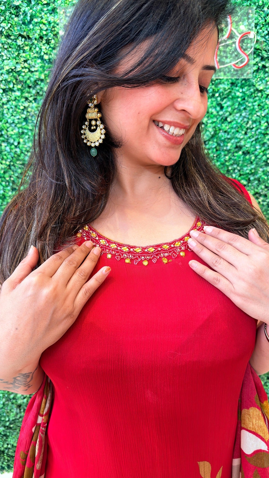 Ruby Meadow Mirror-Work Crape Suit Set