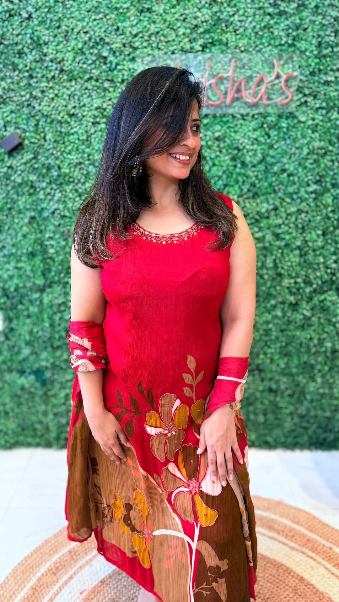 Ruby Meadow Mirror-Work Crape Suit Set