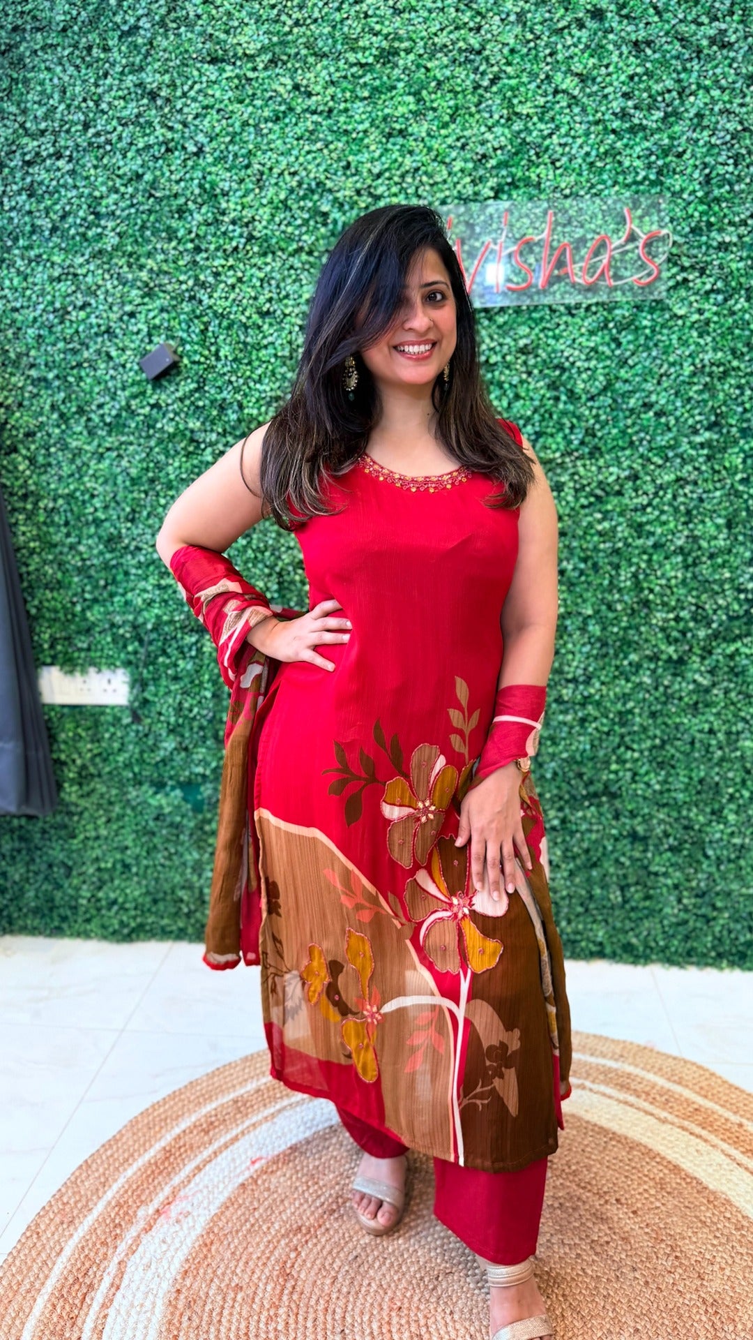 Ruby Meadow Mirror-Work Crape Suit Set