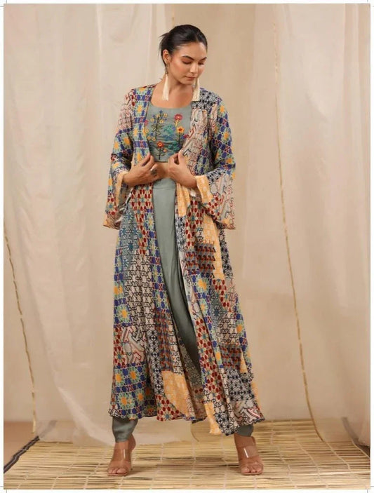 Naaira – Multi-Print Long Cape with Sage Green Dress Nivishas - Sec46