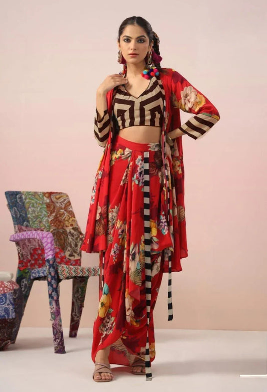 Zura – Red Floral Print Indo Western Dress with Cape Nivishas - Sec46