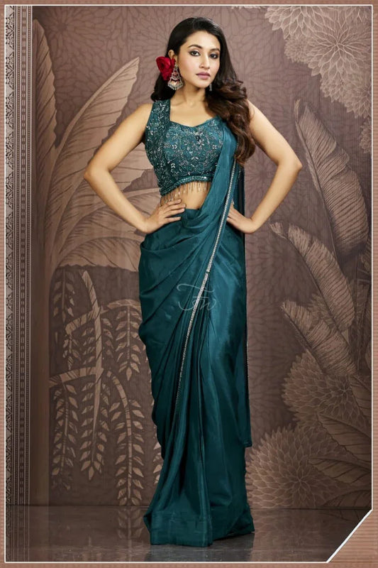 Teal Enchanté – Teal Embellished Designer Pre-Draped Saree Set Nivishas - Sec46
