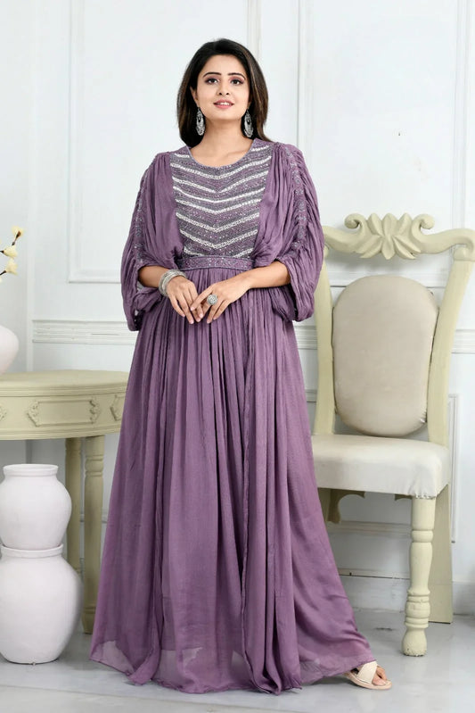 Vireya – Lavender Embellished Indo-Western Gown with Draped Sleeves Nivishas - Sec46