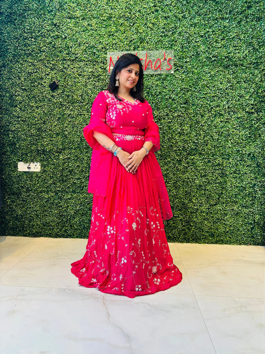 Ruhani – Vibrant Pink Embroidered Georgette Lehenga Set Nivishas - Sec46