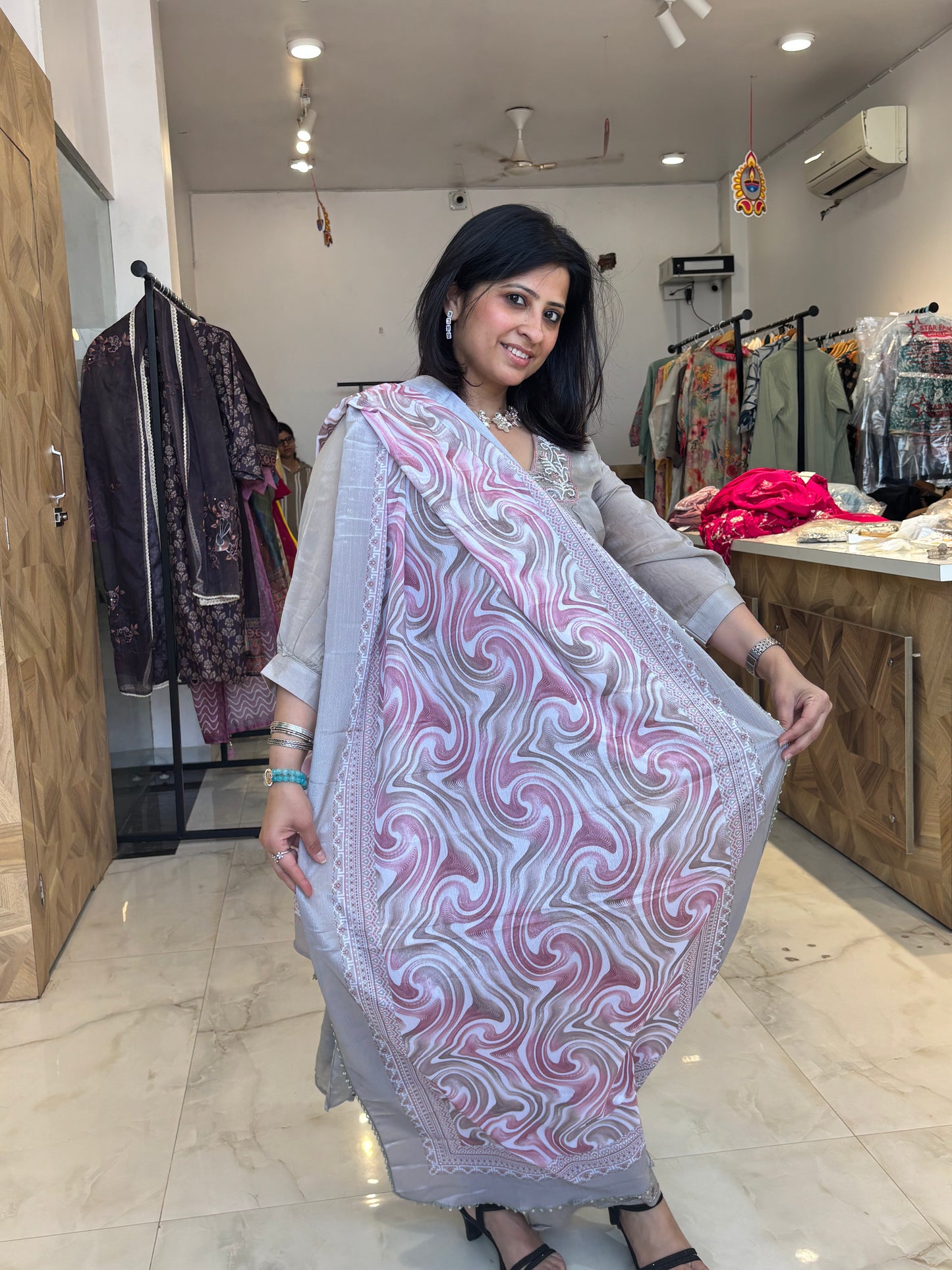 Moonlit Rose – Pastel Grey Kurta Set with Pink Swirl Dupatta Nivishas - Sec46