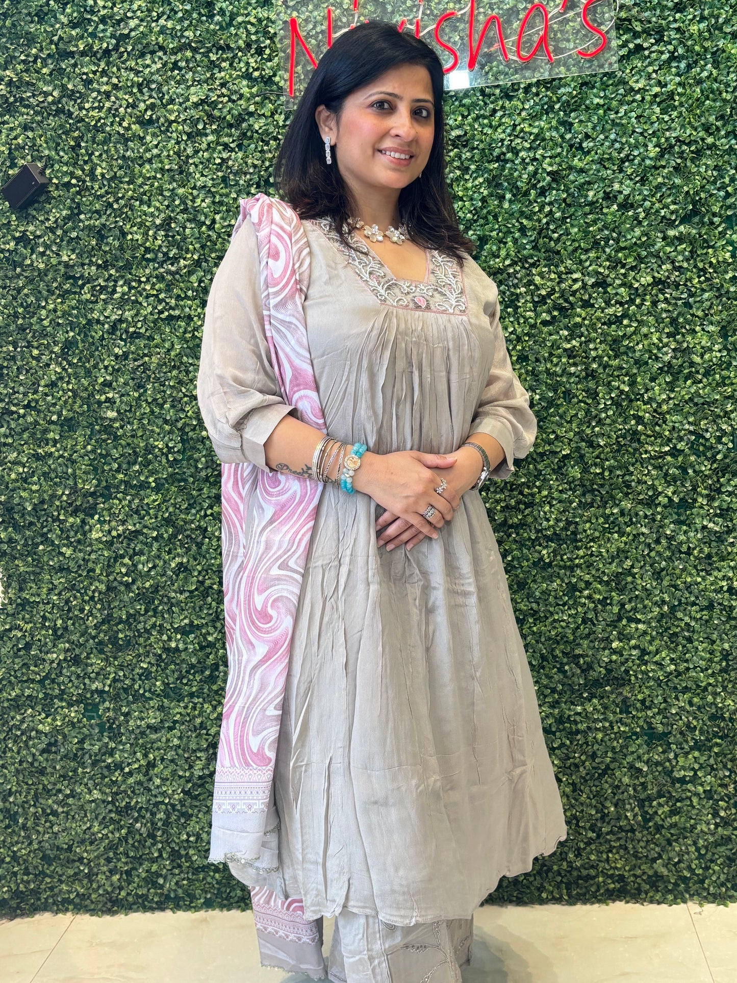 Moonlit Rose – Pastel Grey Kurta Set with Pink Swirl Dupatta Nivishas - Sec46