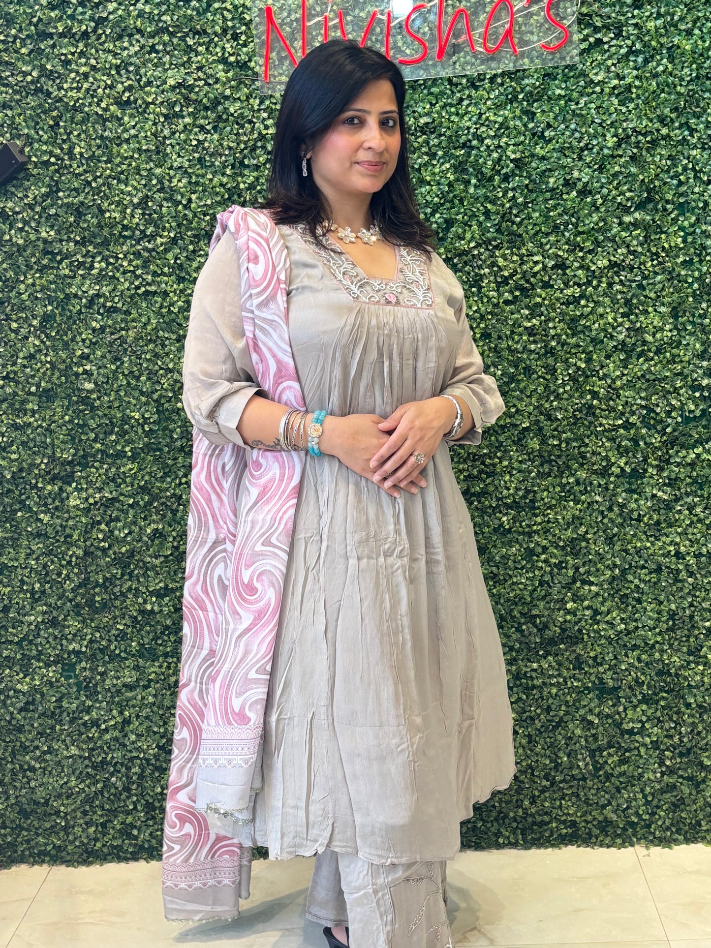 Moonlit Rose – Pastel Grey Kurta Set with Pink Swirl Dupatta Nivishas - Sec46