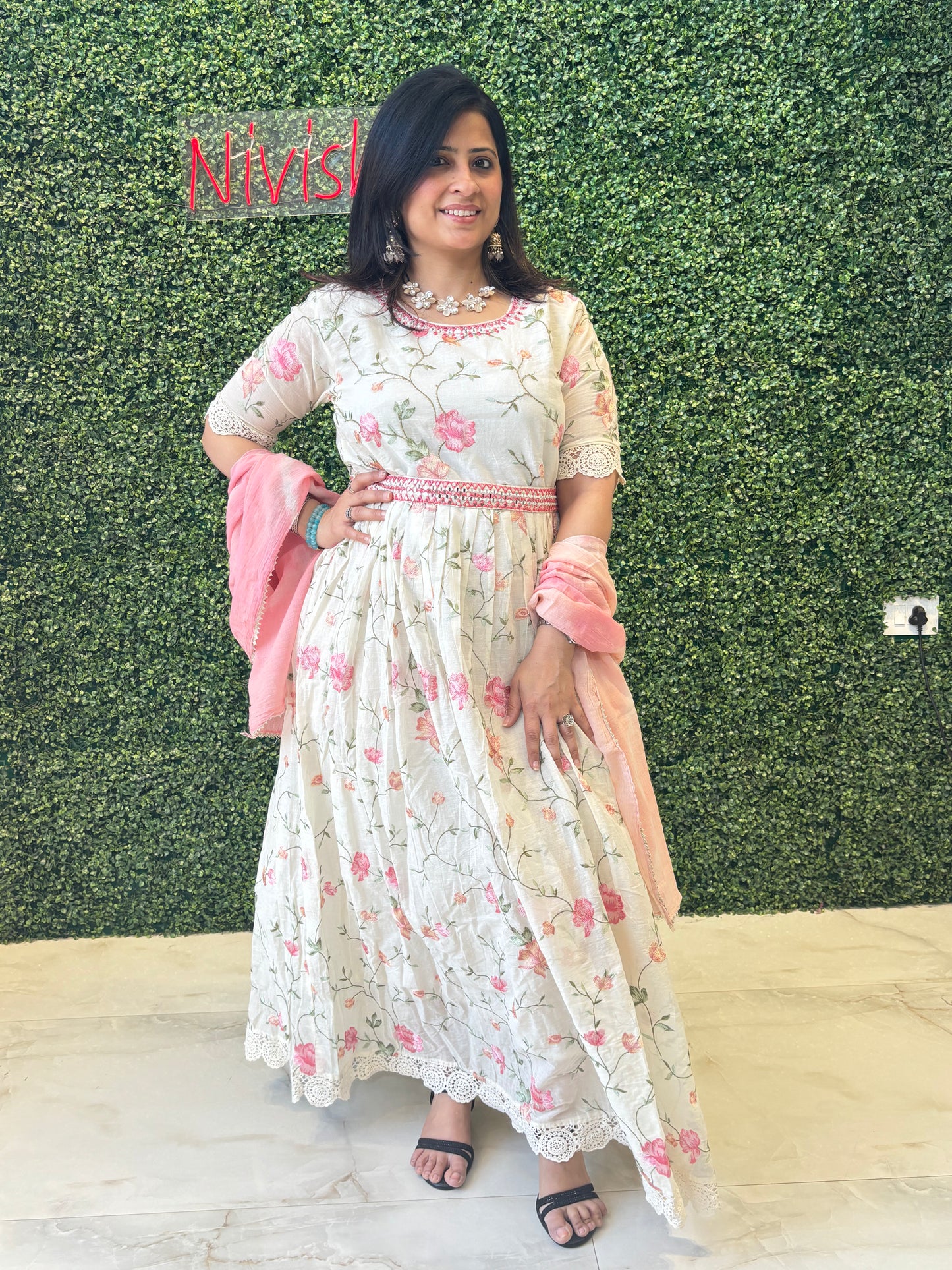 Elara – White & Pink Floral Printed Ethnic Gown Nivishas - Sec46