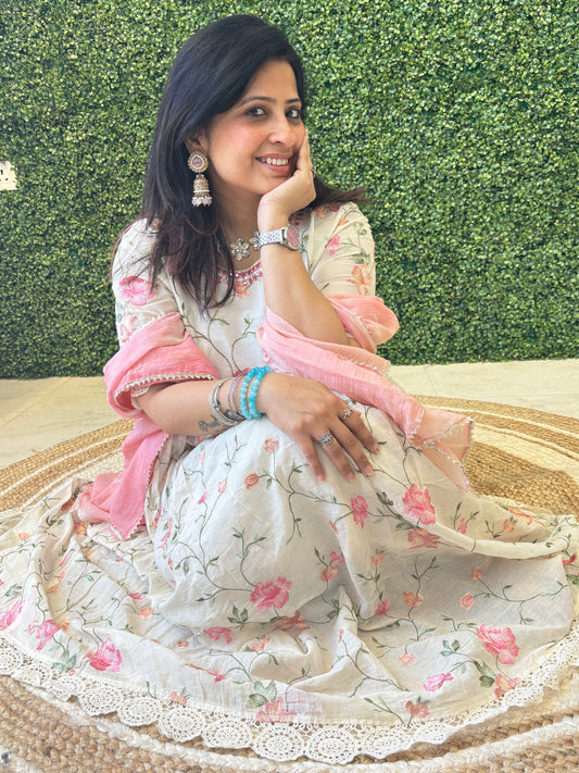 Elara – White & Pink Floral Printed Ethnic Gown Nivishas - Sec46