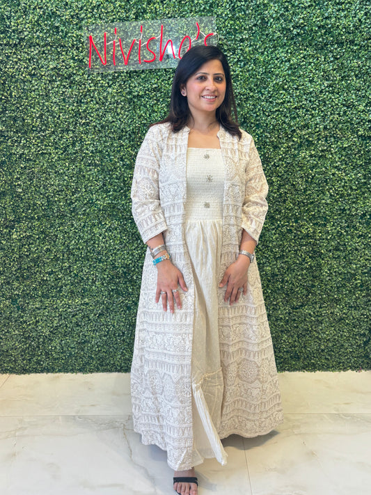 Ivory Layered Indo-Western Gown with Jacket Nivishas - Sec46