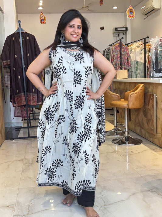 Ziva – White & Black Sleeveless A-Line Kurta with Dupatta Nivishas - Sec46