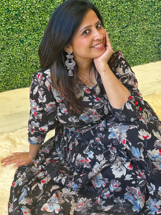 Selina – Black Floral Printed Ethnic Full-Sleeve Gown Nivishas - Sec46