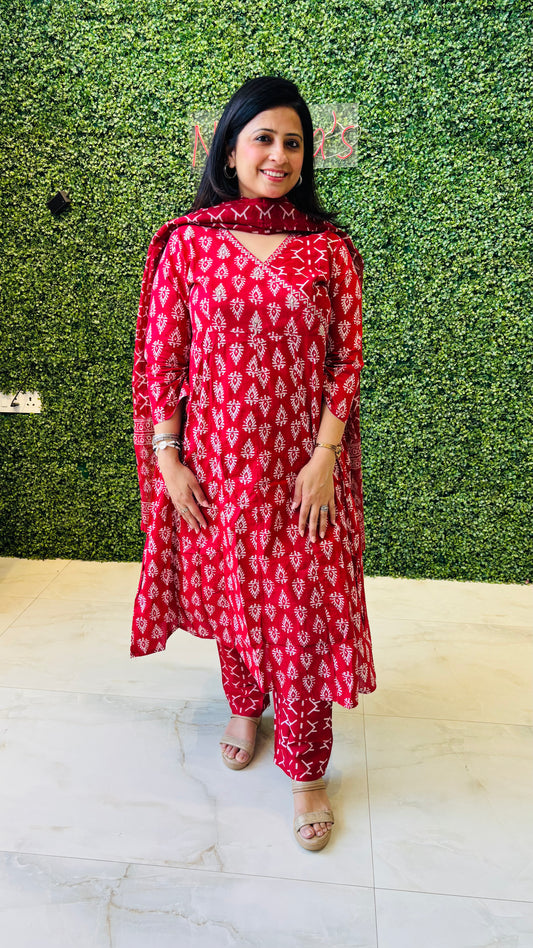 Ira – Red Cotton Hand Block Printed Kurta Set Nivishas - Sec46