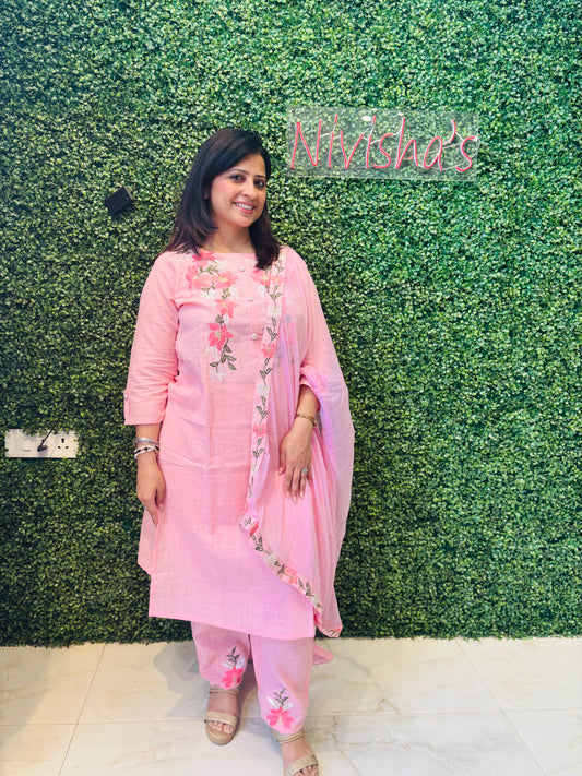 Elaira – Pink Cotton Kurta Set with Floral Embroidery Nivishas - Sec46