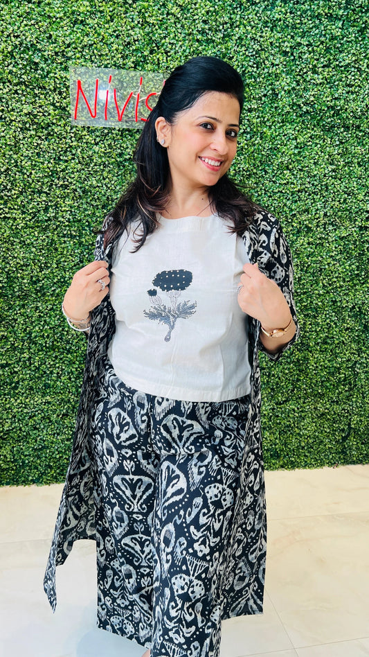 Monochrome Ikat Meadow – Black & White 3-Piece Coord Set Nivishas - Sec46