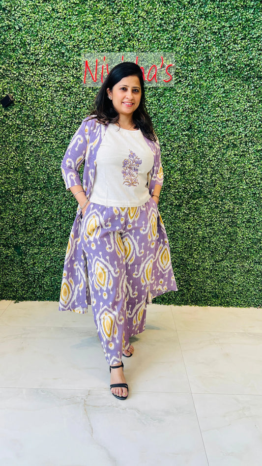 Lavender Ikat Bloom – 3-Piece Coord Set Light Purple Print Nivishas - Sec46