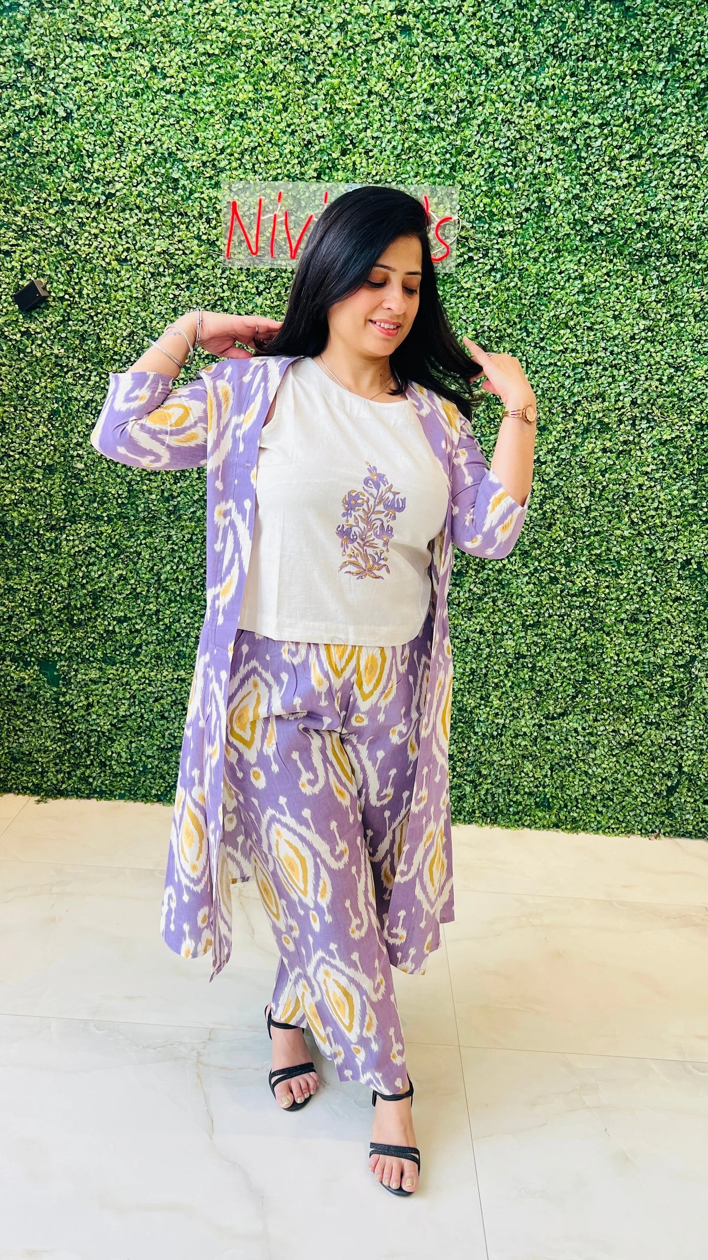 Lavender Ikat Bloom – 3-Piece Coord Set Light Purple Print Nivishas - Sec46