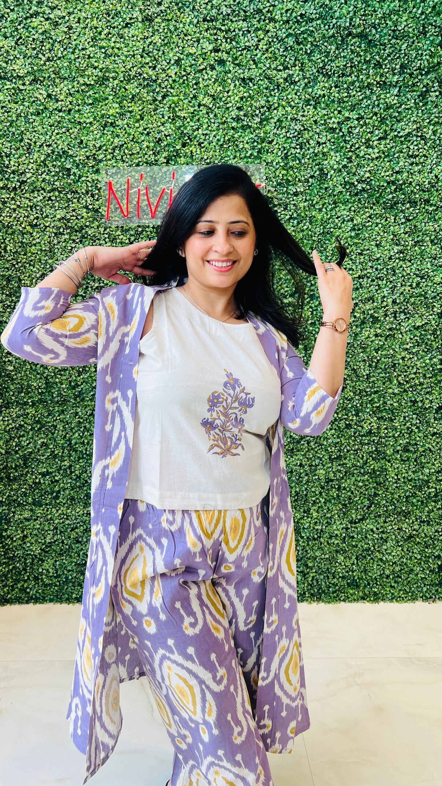 Lavender Ikat Bloom – 3-Piece Coord Set Light Purple Print Nivishas - Sec46