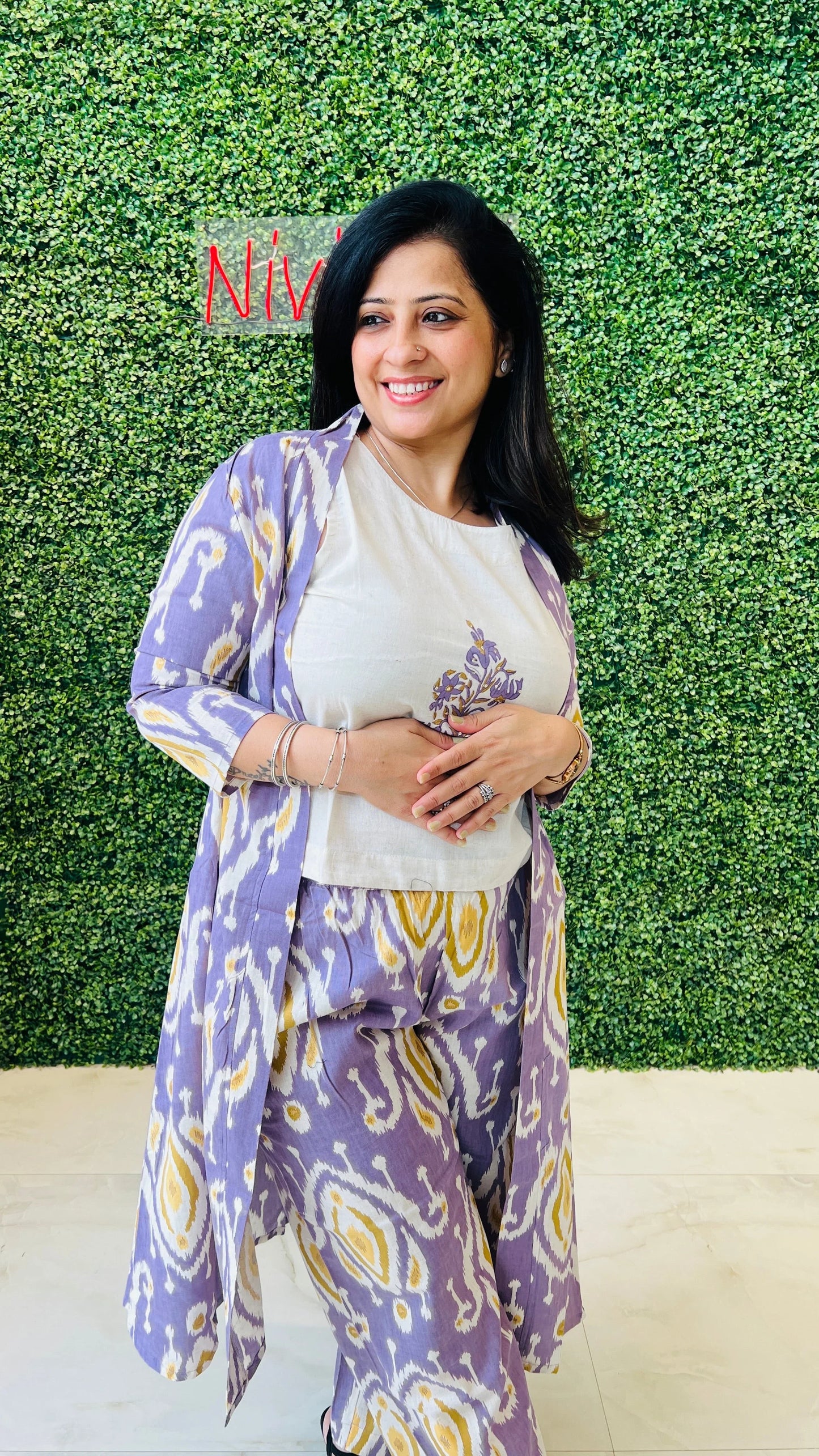 Lavender Ikat Bloom – 3-Piece Coord Set Light Purple Print Nivishas - Sec46