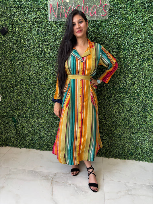 Marina – Multicolor Striped Belted Shirt Dress Nivishas - Sec46