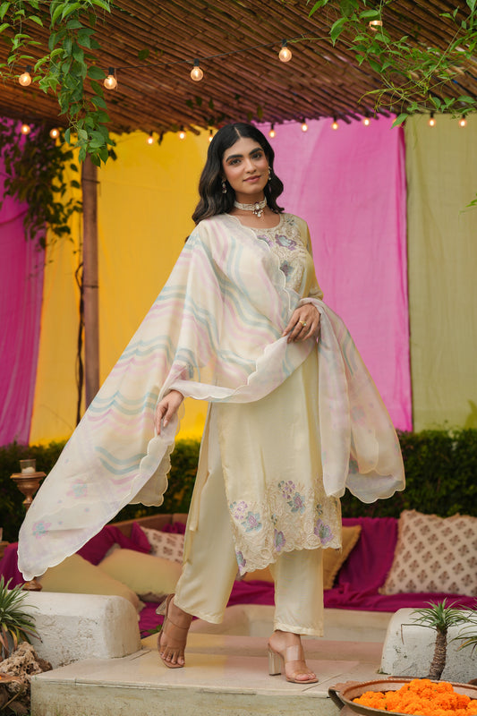 Ivory Blossom – Embroidered Kurta Set with Pastel Striped Dupatta