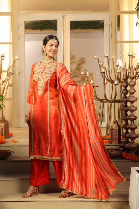 Royal Radiance – Rust Orange Embroidered Kurta Set with Striped Dupatta
